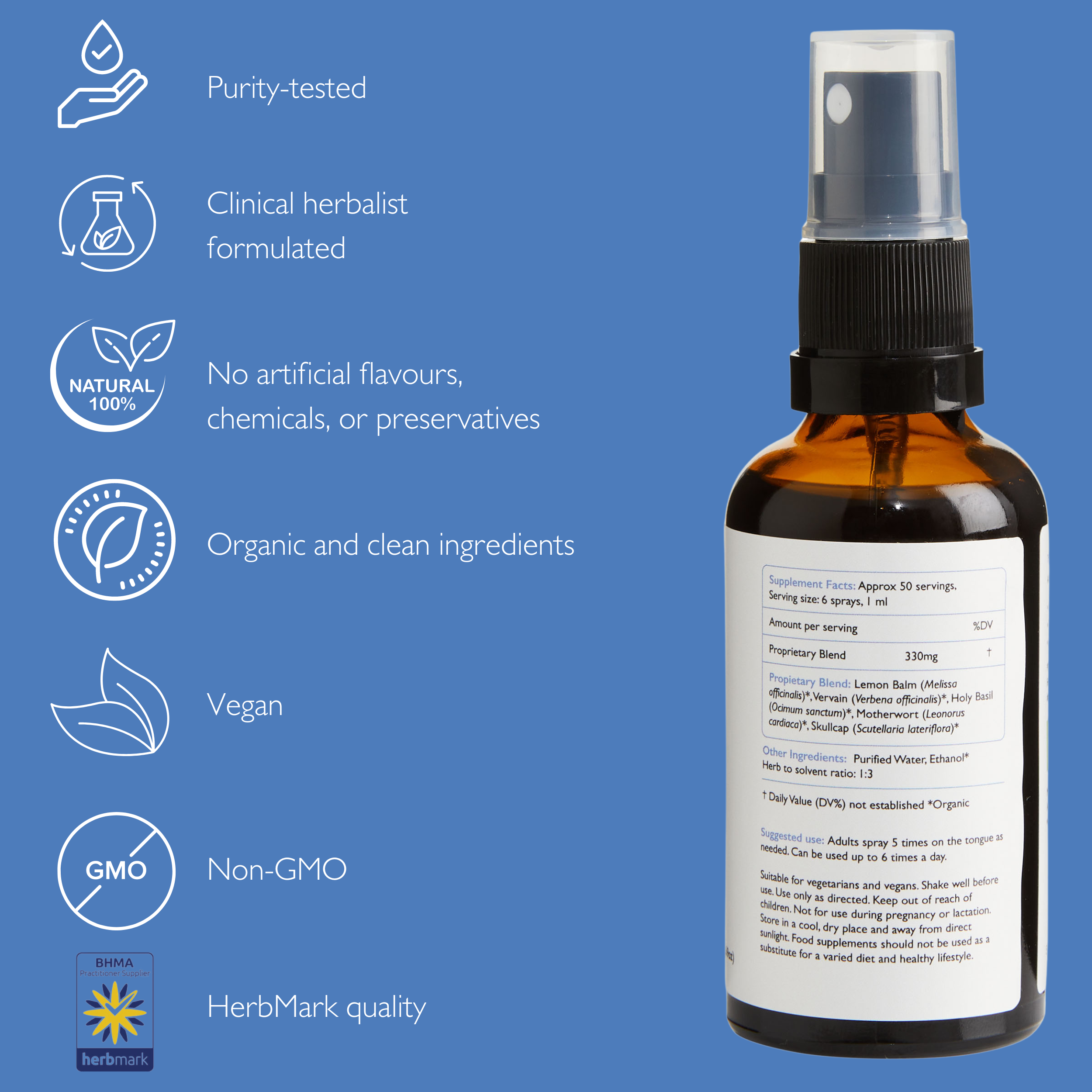 Inner Peace Now organic herbal tincture and supplement to reduce stress and tension and helps to promote calm and tranquility.  Made with relaxing and nootropics herbs such as lemon balm, holy basil, motherwort and skullcap.