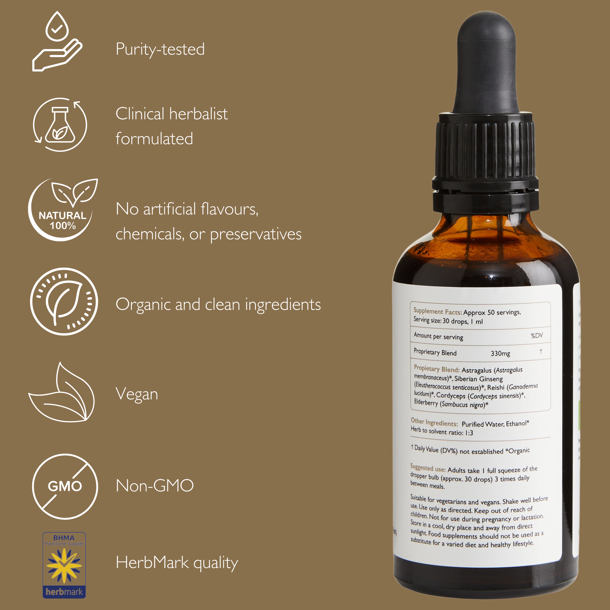 Enhanced Daily Defense organic herbal tincture and supplement to support enhanced immune function and help fight colds and flu.  Made with functional mushrooms such as reishi and cordyceps, astragalus and elderberry.