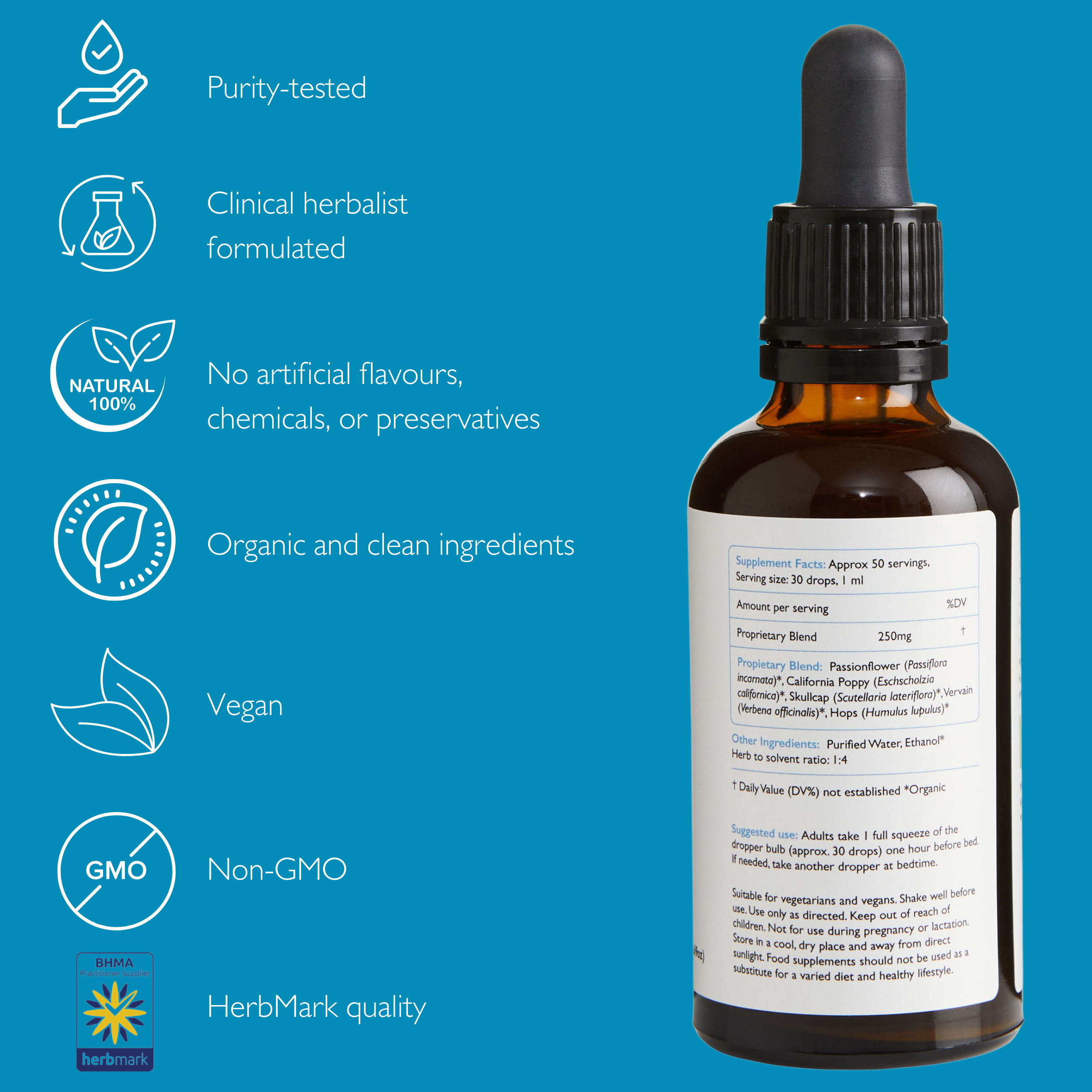 The Recharge organic herbal tincture and supplement to support sleep and relaxation. Feel rested and rejuvenated.   Made with hops, passionflower, California poppy, skullcap and vervain.