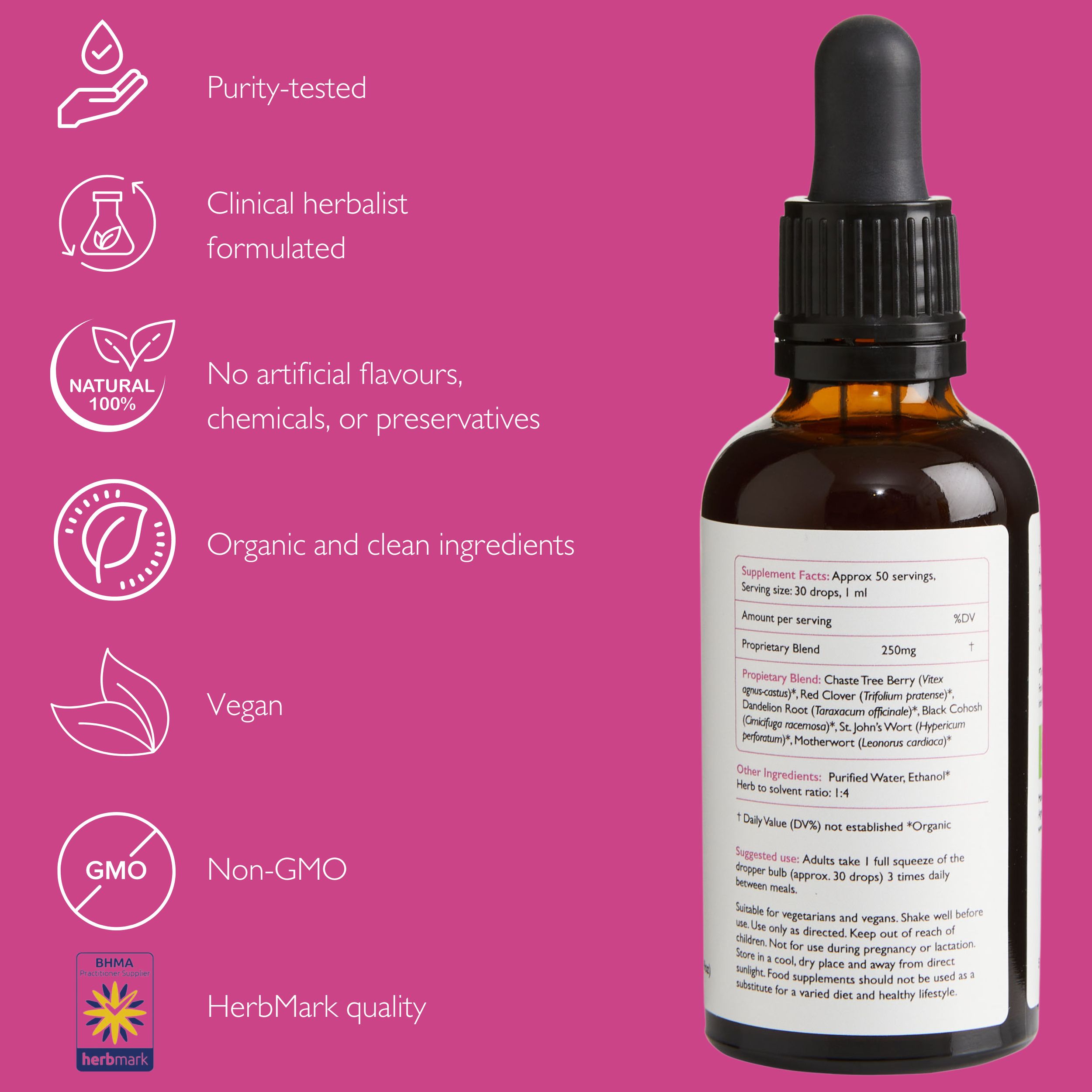 Wiser Menopause organic herbal tincture and supplement to help managing symptoms of perimenopause.  Made with Chaste Tree, St. John's Wort, Motherwort and more.