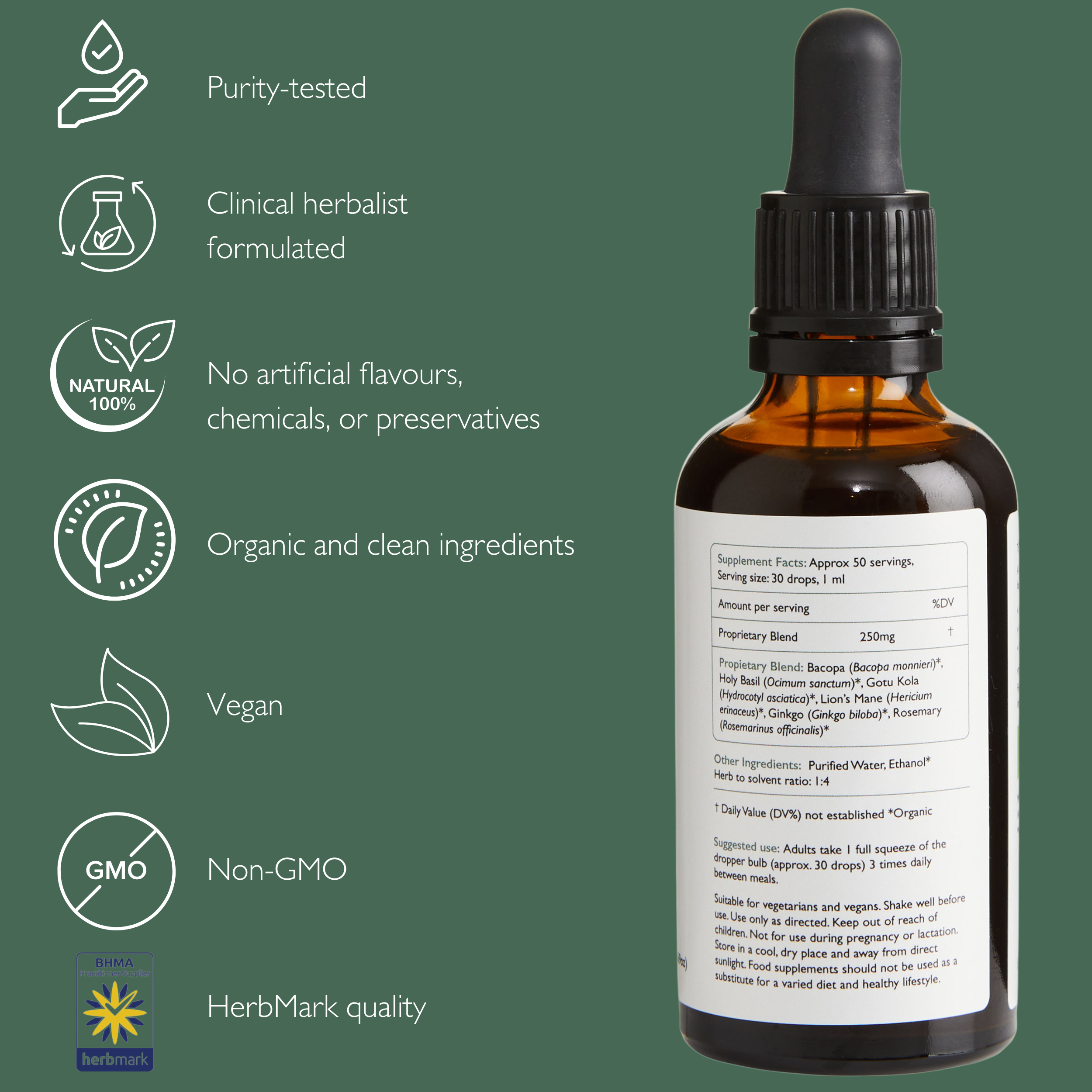 Sharp Mind organic herbal tincture and supplement to support focus, concentration and memory.  Made with functional mushrooms and nootropics such as Lion's Mane, Bacopa, Holy Basil, Rosemary and Ginkgo.