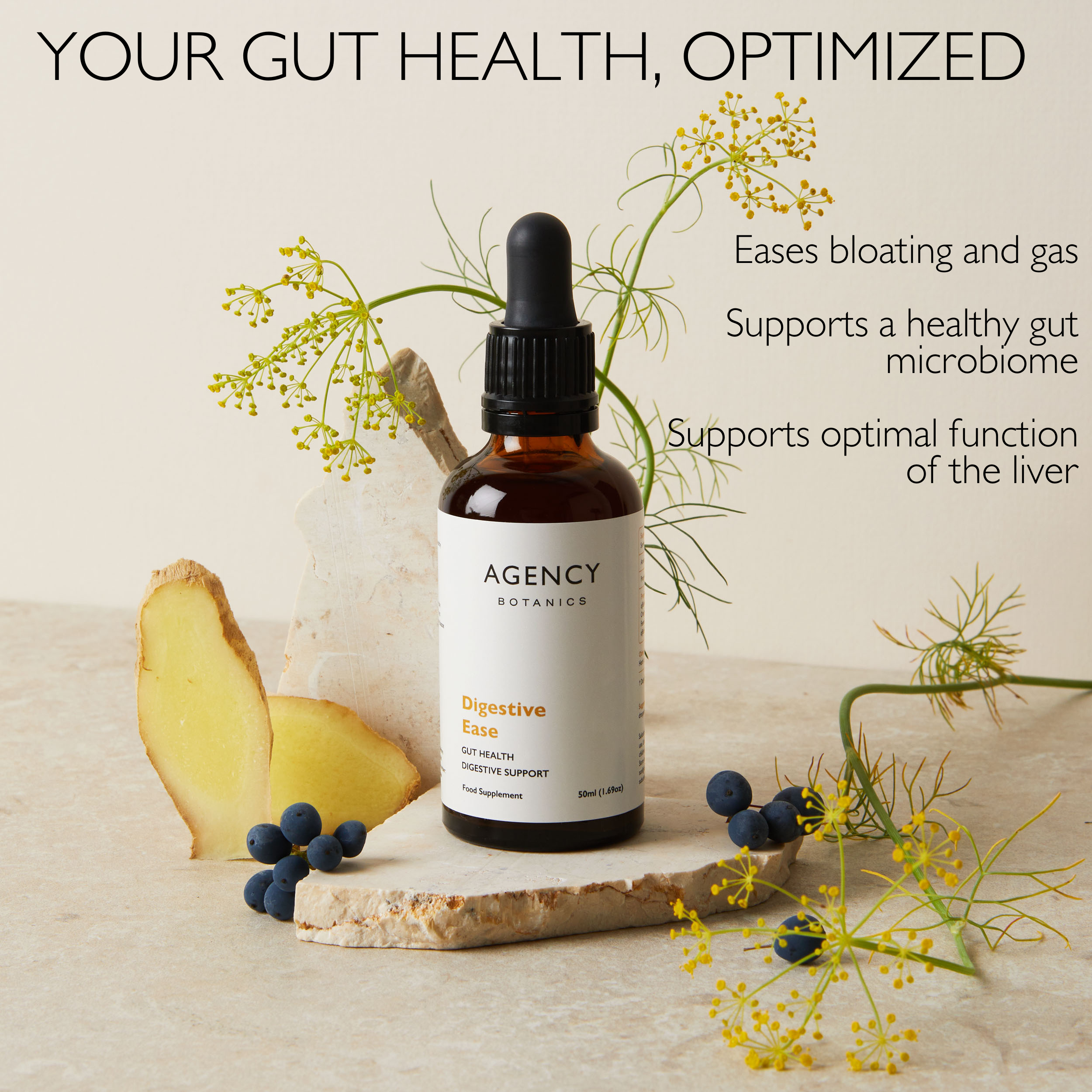 Digestive Ease organic herbal tincture and supplement to relieve gas and bloating and to support digestion and gut health. Made with Oregon Grape Root and dandelion root.