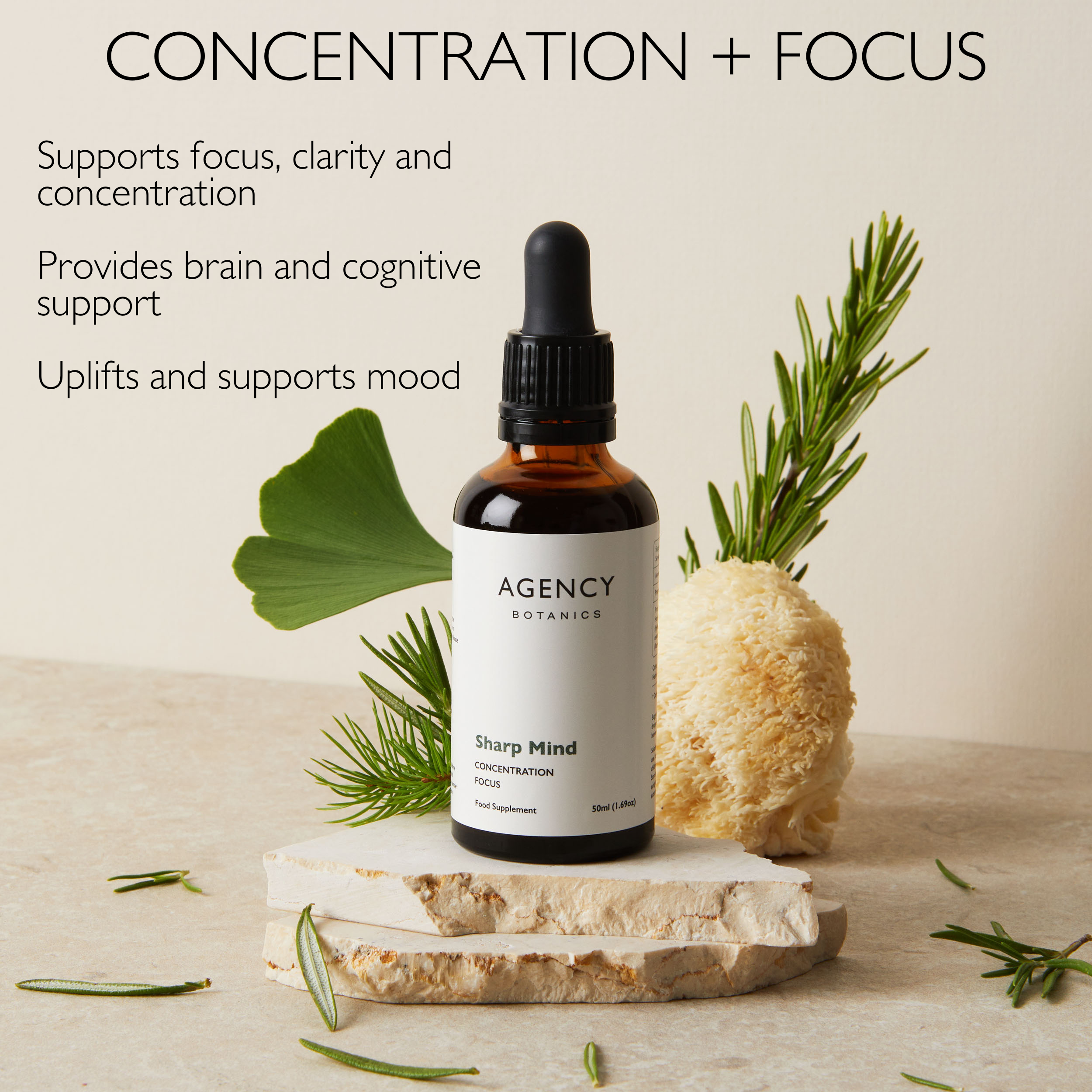 Sharp Mind organic herbal tincture and supplement to support focus, concentration and memory.  Made with functional mushrooms and nootropics such as Lion's Mane, Bacopa, Holy Basil, Rosemary and Ginkgo.