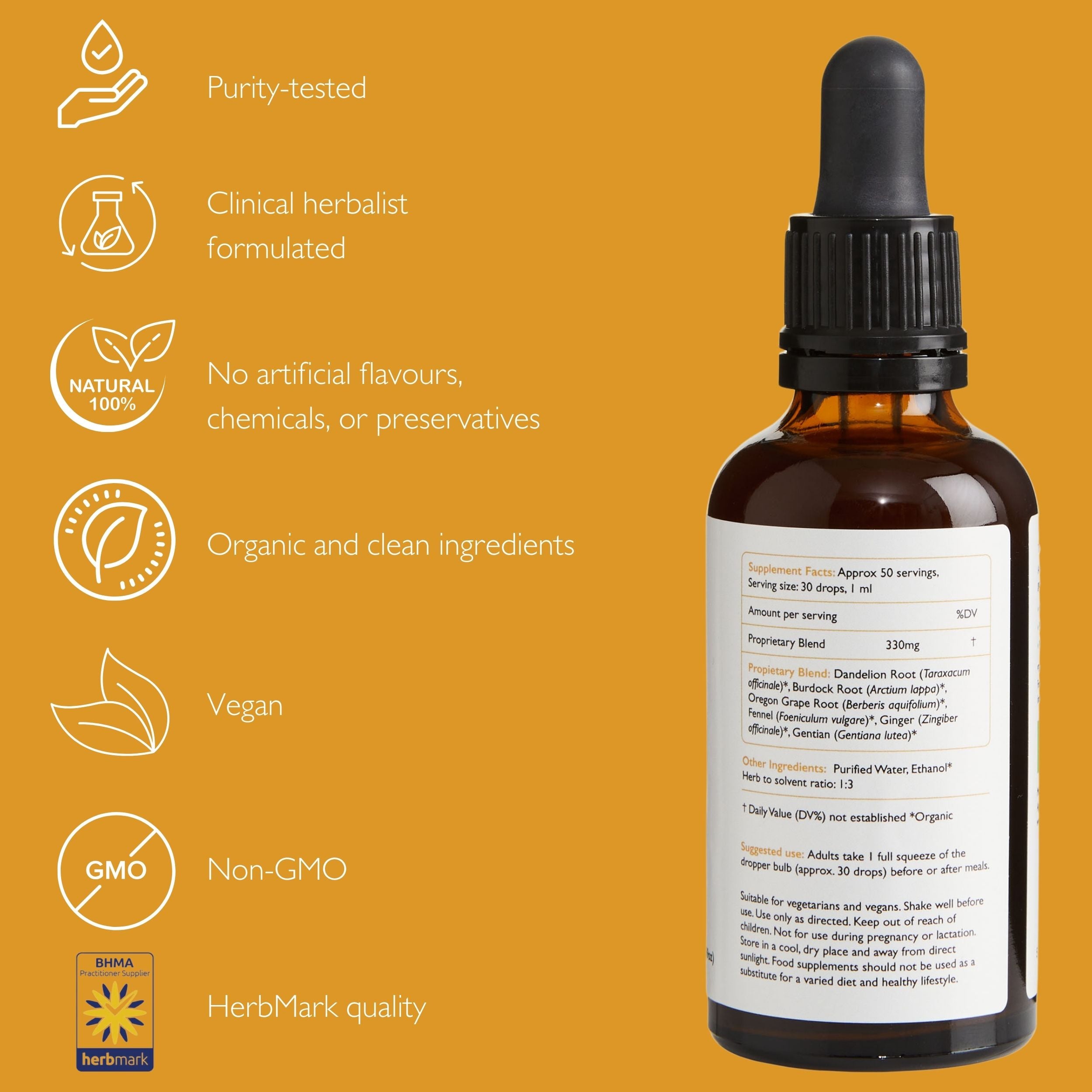 Digestive Ease organic herbal tincture and supplement to relieve gas and bloating and to support digestion and gut health. Made with Oregon Grape Root and dandelion root.