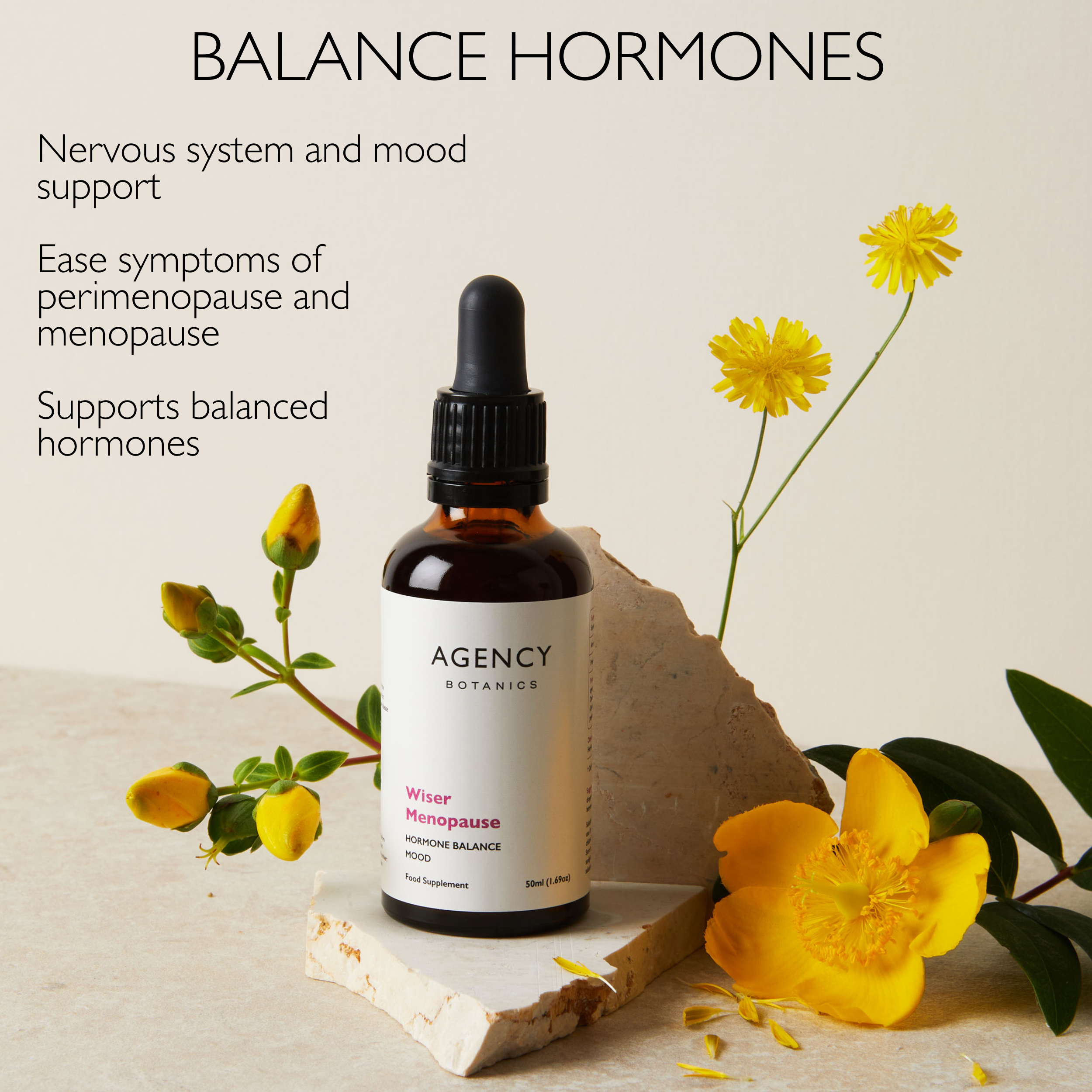 Wiser Menopause organic herbal tincture and supplement to help managing symptoms of perimenopause.  Made with Chaste Tree, St. John's Wort, Motherwort and more.