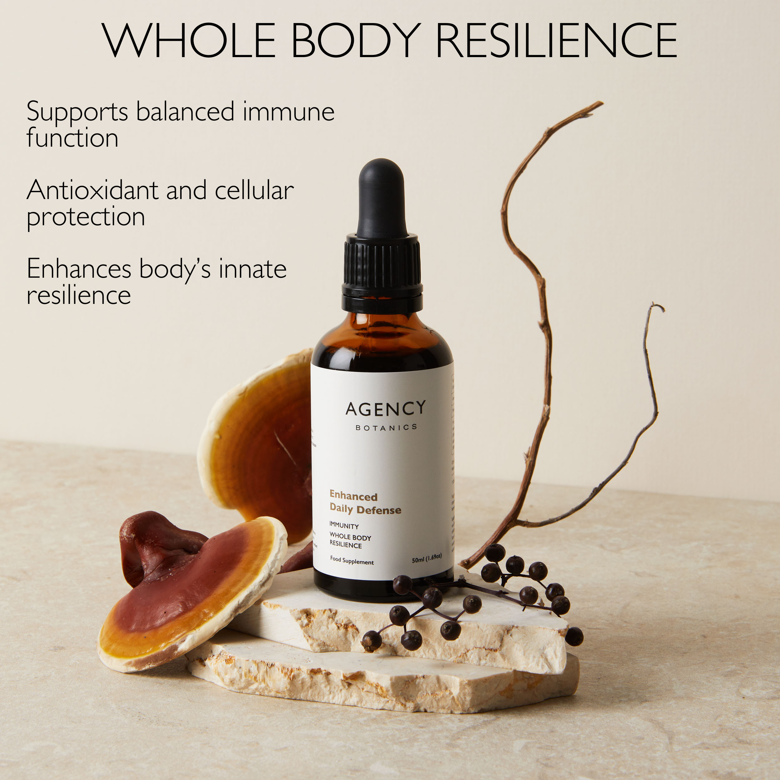 Enhanced Daily Defense organic herbal tincture and supplement to support enhanced immune function and help fight colds and flu.  Made with functional mushrooms such as reishi and cordyceps, astragalus and elderberry.