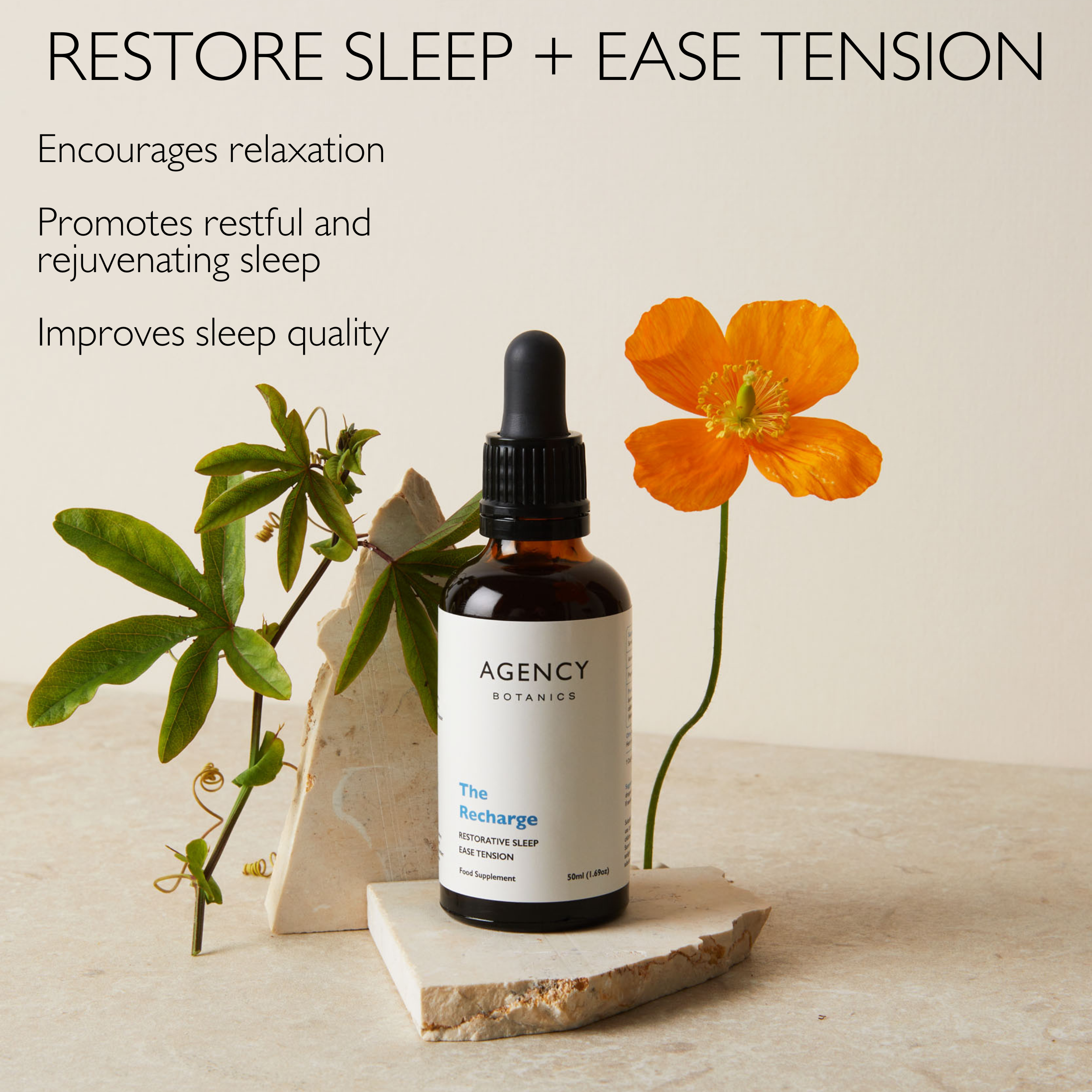 The Recharge organic herbal tincture and supplement to support sleep and relaxation. Feel rested and rejuvenated.   Made with hops, passionflower, California poppy, skullcap and vervain.