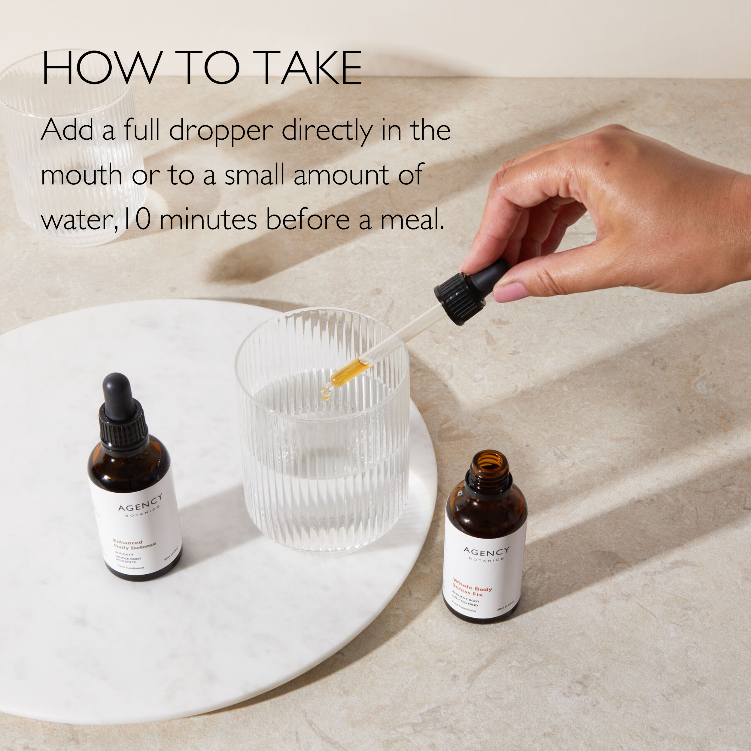 Assortment of organic herbal tincture and supplement from Agency Botanics to support stress relief, digestion, cognitive health, focus, hormones and more.