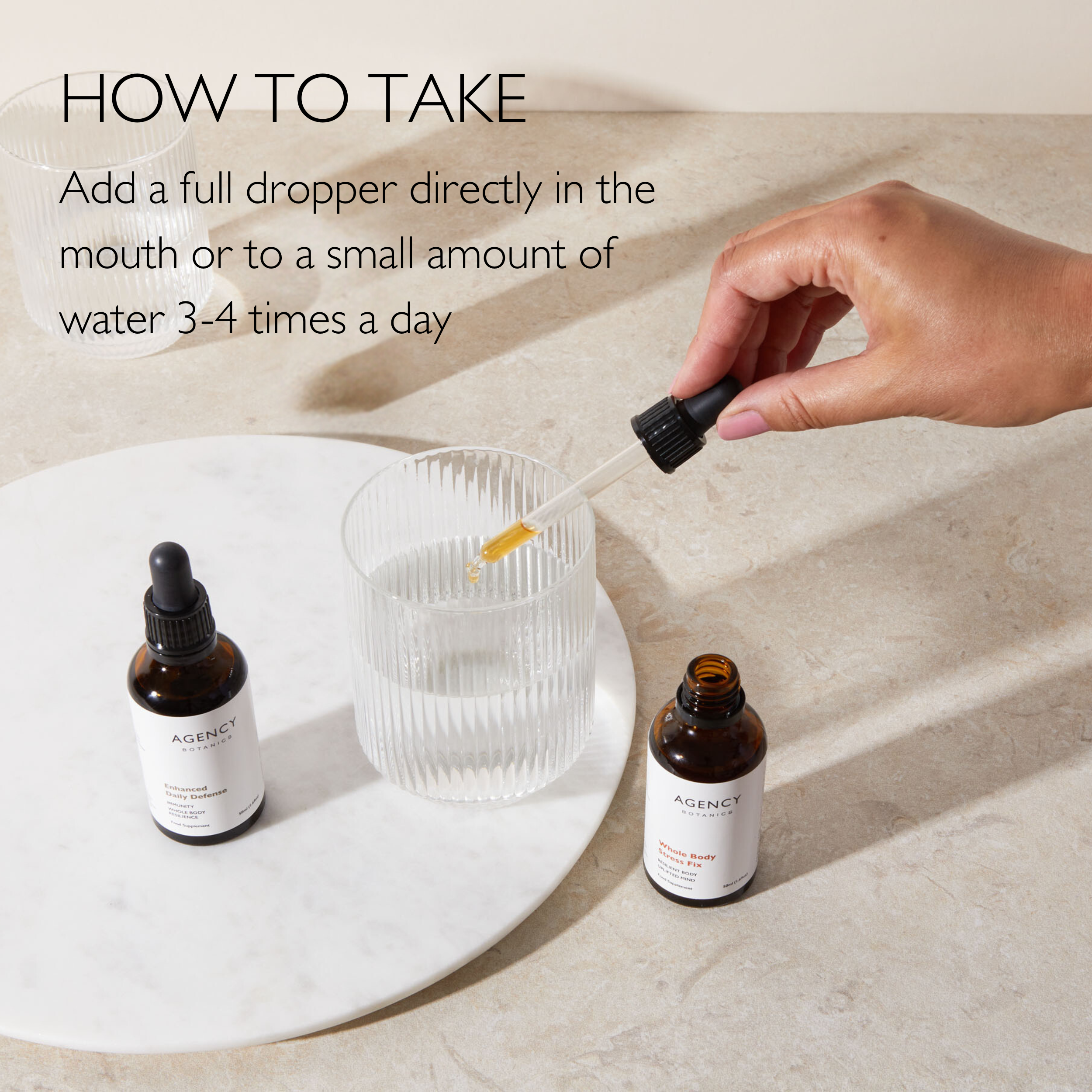 Assortment of organic herbal tincture and supplement from Agency Botanics to support stress relief, digestion, cognitive health, focus, hormones and more.